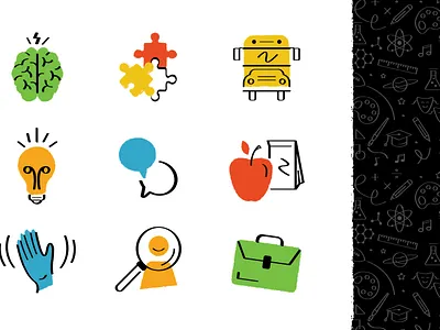 School Icons + Pattern apple brain briefcase comments directory education hand icons illustration lightbulb lunch pattern puzzle school school bus search student texture vector wave