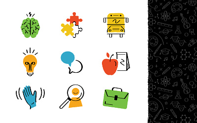 School Icons + Pattern apple brain briefcase comments directory education hand icons illustration lightbulb lunch pattern puzzle school school bus search student texture vector wave