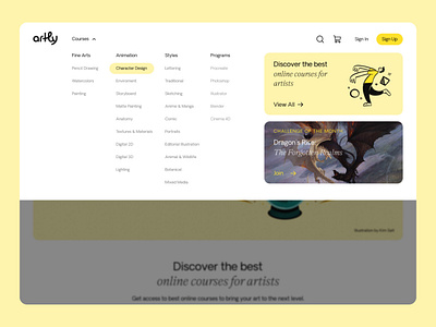 Artly Menu categories courses dropdown graphic design illustration learning platform menu navigation subnav ui design ux design web design