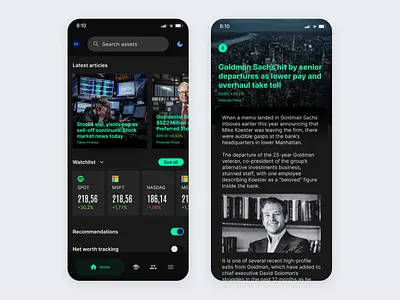 Stock News and portfolio tracker app app application banking branding crypto dark mode design finance financial investing mobile news portfolio stocks ui ux wall street web3