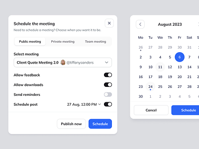 Scheduling and Inviting Modals calendar dashboard meeting minimal modal pop over pop up popover popup schedule schedule meeting ui user interface ux ux design