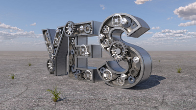 YES 3d 3dsmax art engine font gears graphic design illustration logo machine metal rendering sculpture type vantage vray yes