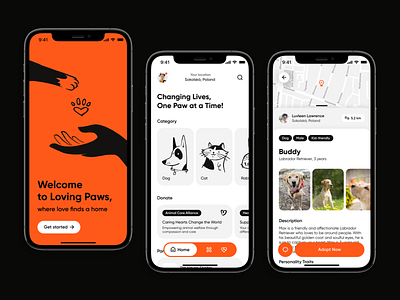 Adopt Pet App Concept adopt ami lupasco animal app cat concept design dog find home hands heart illustration love orange paw pet product ui ux