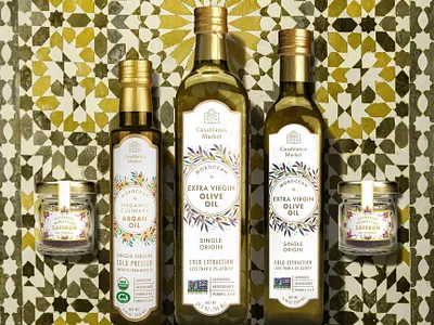 Casablanca Market argan bottle branding casablanca design floral food gold foil illustration jar label market morocco olive oil organic packaging painting plant restaurant saffron