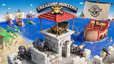 Treasure Hunters 3d beach bones game illustration monster pirate sea sharks ship skull treasure