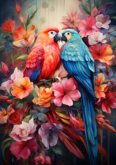 Parrots in the Flowers art beauty bird of paradise birds calming colourful flowers nature parrots relaxing tropical birds vibrant wall art wildlife