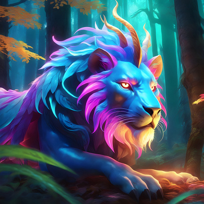 Chimera ai art artwork chimera design fantasy forest illustration light lion mixed animal neon tree