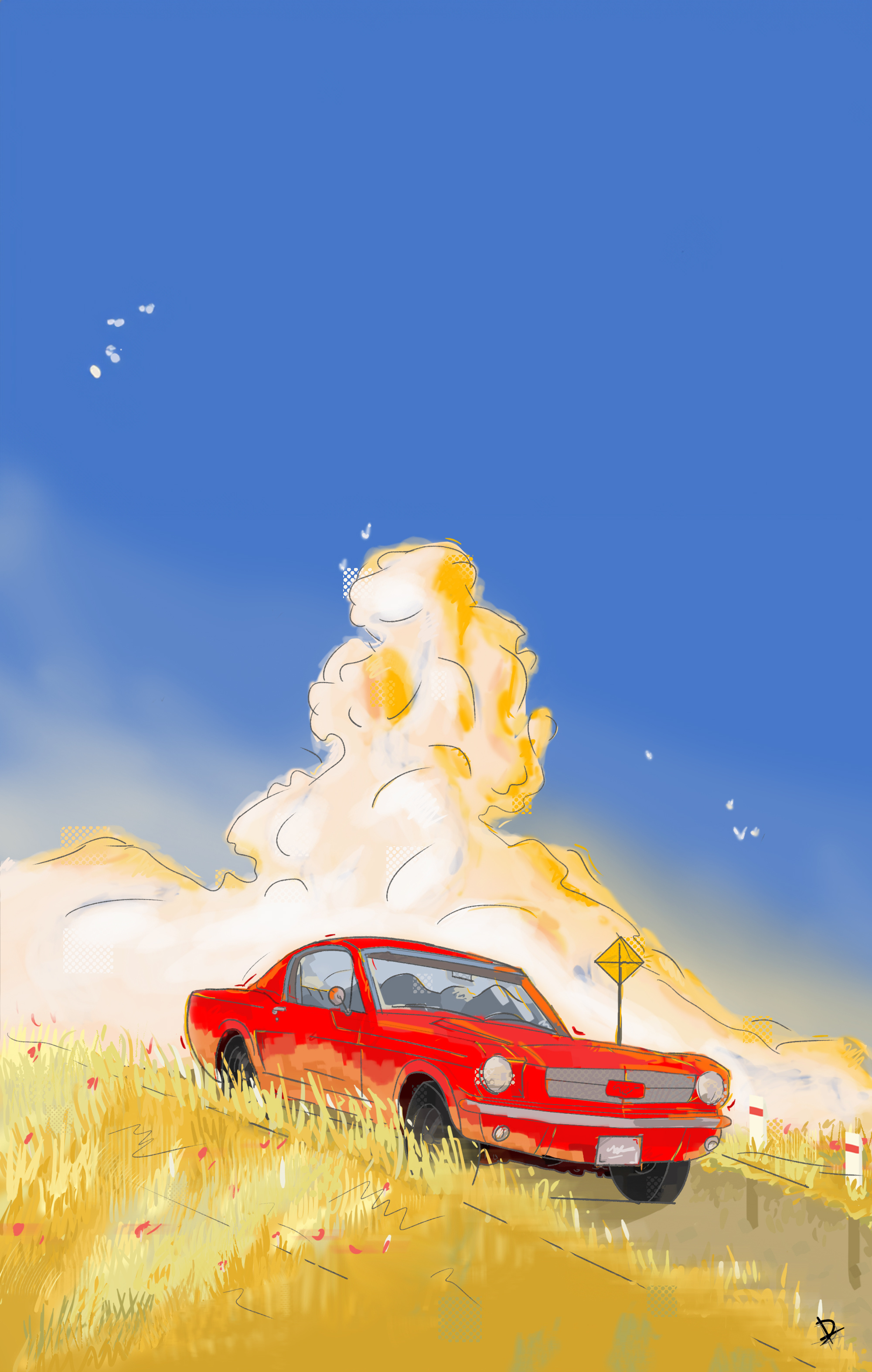 Summer Roads 2d adobe photoshop art artist artwork behance bright colours colourful detailed digital illustration digital painting dramatic clouds dribdrab illustration painting red retro car road summer vintage