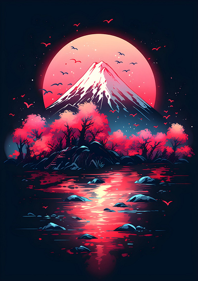 Mountain in Moonlight anime beauty birds japan landscape moonlight mountain nature night reflection scenery serenity trees water