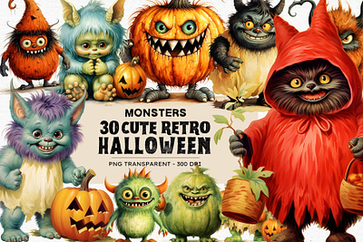 30 Cute Retro Halloween Monsters Clipart cartoons clipart cute halloween clipart illustration monsters retro halloween spooky vintage halloween
