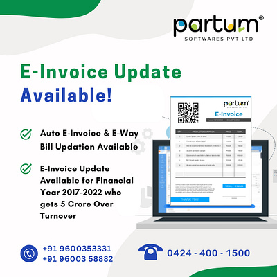 Auto E-Invoice & E-Way Bill Updating Available - Partum Software best billing software bill software billing software billing software in erode branding e invoice e invoice software e way bill e way bill generation erode software company finance management finance software gst billing software inventory management inventory software partum softwares