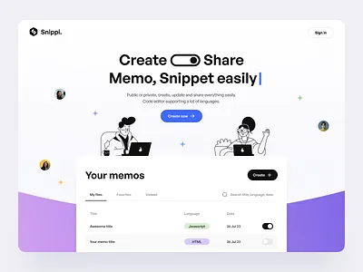 Snippi.app - Free memo and snippet sharing app app clean create dashboard design illustration memo minimal notion share snippi table ui ui design user ux ux design web app web design webapp