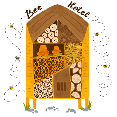 Bee Hotel. Procreate watercolor illustration bee hotel bees graphic design hand drawn illustration insect kids book non fiction picturebook procreate save the bees watercolor
