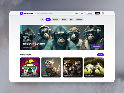 Aura Animal | NFT Category Page animal nfts blockchain crypto crypto platform crypto website cryptocurrency digital assets etheream marketplace minimal nft marketplace polygon solana token ui uidesign ux ux design web app web design