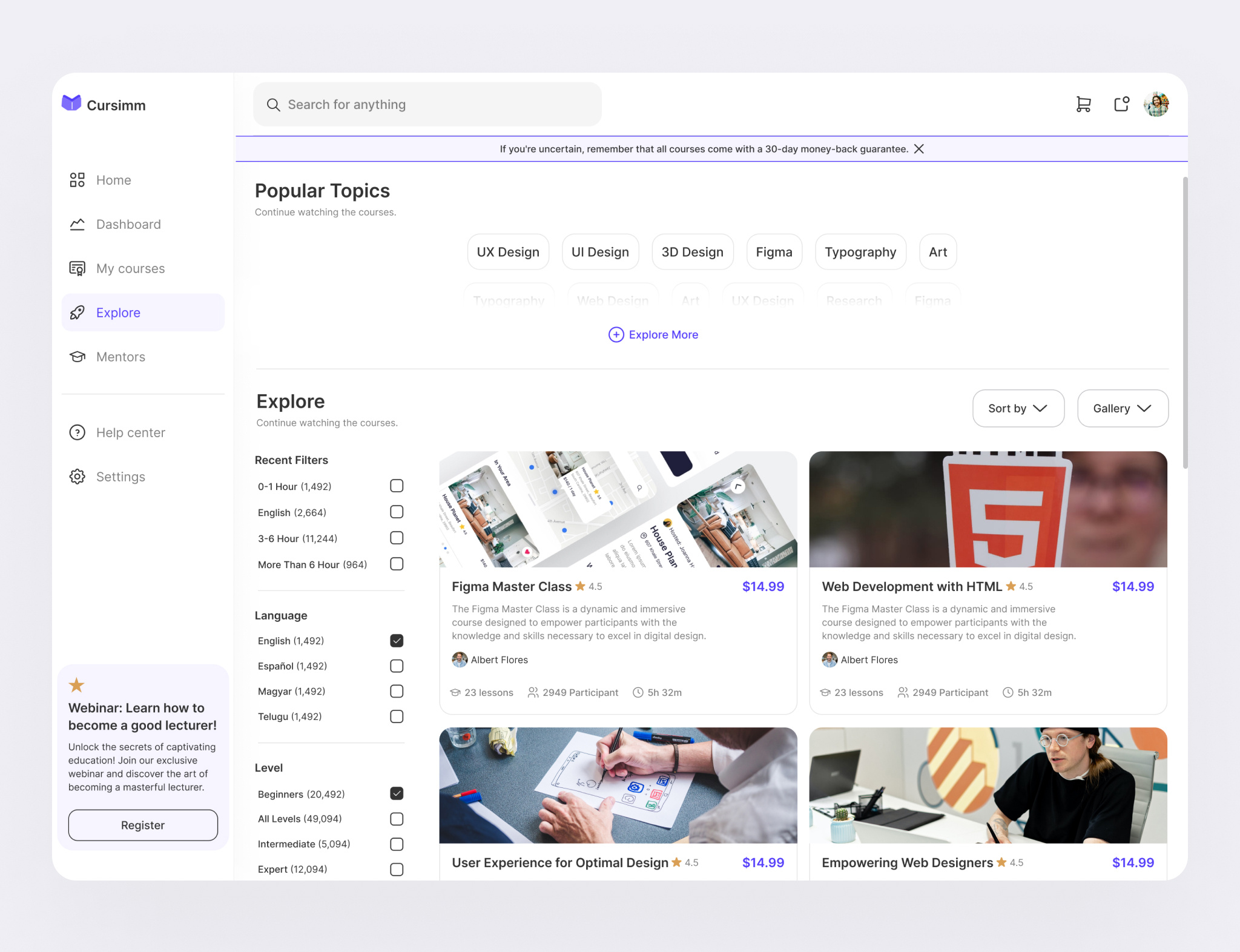 Example of Academic Platform - Explore Page