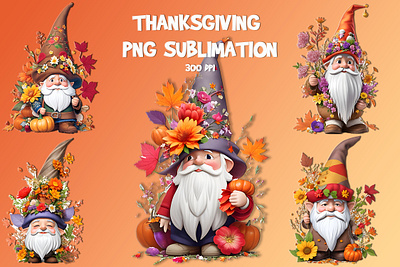 Thanksgiving PNG Sublimation gnome bundle pumpkin clipart.