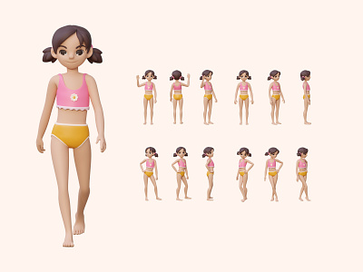 3D character design_poses 3d 3d icons blender character character design daisy design gestures girl illustration pink poses walk waving