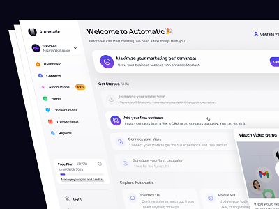 CRM Dashboard: Welcome Page ✨ animation app dark mode dashboard design home icons main screen motion graphics nazmi javier platform pop up saas trend ui design unspace ux design web app website welcome page