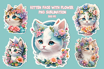 Kitten Face with Flower PNG Sublimation Bundle 3d ai art ai character ai design animation branding design frame graphic design illustration kitten kitten baby kitten face kitten flower face sublimation kitten png logo motion graphics sublimation ui