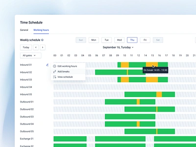 Time Schedule - Warehouse Time Slot Management System 🚚 antdesign break calendar design design system hours logistics management open saas schedule startup supply chain time ui ux warehouse web webapp webdesign