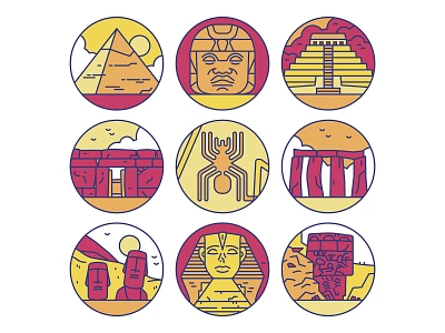 Lost Civilisations ancient civilisations digitalart flatdesign icon icondesign iconography illustration line linework muti old pink purple pyramids sand stone sun temples yellow