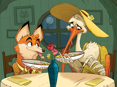 The Fox and the Stork animal bird character childrens book crane digital drawing eating fable fairytale fox illustration painting picture book stork storybook