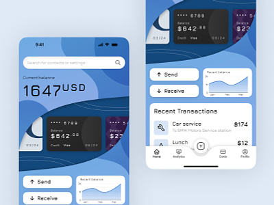 Finance App - Home page 2d analytics app balance blue budget card credit finance home list manage mobile money profile search tab bar transaction ui ux