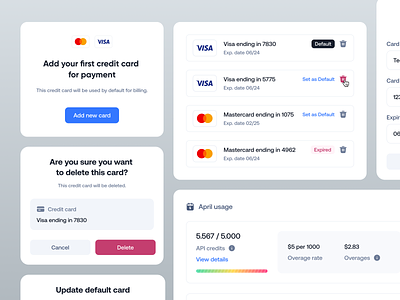 NFTs Management Platform · Payment & Billing Cards billing buttons cards checkout credit card design system list modals money nft payment methods payments plans popovers popup pricing saas settings subscriptions table