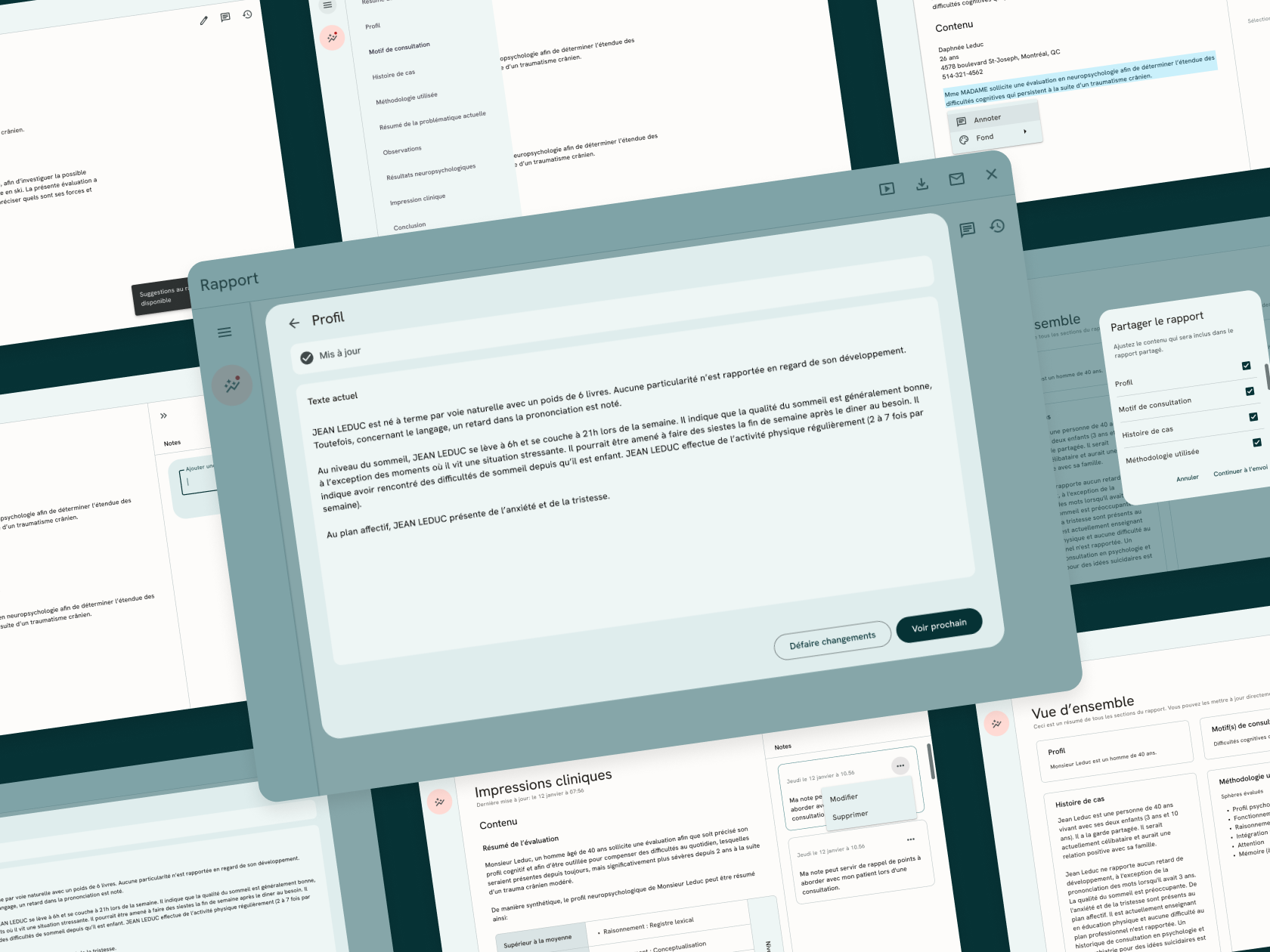 Flow - Un outil IA pour les professionnels en santé mentale artificial intelligence branding design design system development dialog graphic design health app mental health mental health app modal neuropsychology osedea report management ui ux web design