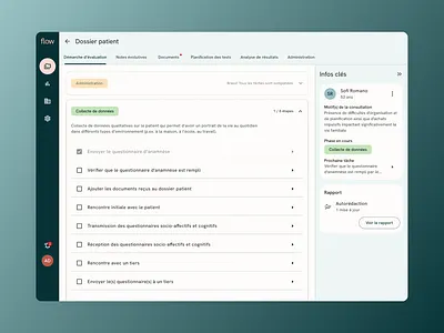 Flow - Un dashboard pour les professionnels en santé mentale artificial intelligence automation branding checklist dashboard design desktop app development graphic design health app health care mental health app neuropsychology osedea patient folder ui ux