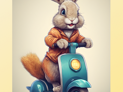 Tiny cute rabbit animal hyper fluffy with giant feet on a scoot.