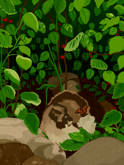 Cat in Berry Grove Illustration animal illustration cat digital illustration digital painting illustration nature illustration