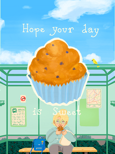 Muffin Morning Illustration bus stop cartoon art digital illustration digital painting food illustration greeting card illustration