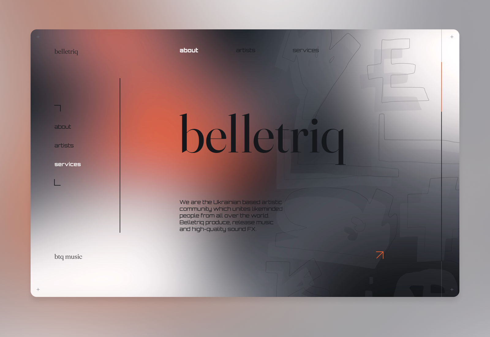 Music label website UI. Hero section 3d animatedheader animation blur branding glass herobanner herosectiondesign liquid logo motion graphics music music label subtle ui webdesignmotion websiteanimation