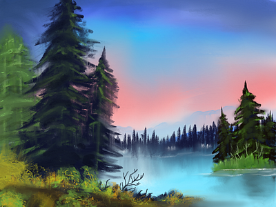 Island in the wilderness blue bob ross challenge colorful concept project forest graphic design illustration lake landscape leaves mountains painting procreate sky sunset tree vector wallpaper wildlife