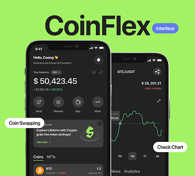 Coin Flex - Cryptor Wallet ai app blockchain branding coin cryptor design graphic design illustration interface logo mobile app mockup photoshop project trending ui ux uxui vector