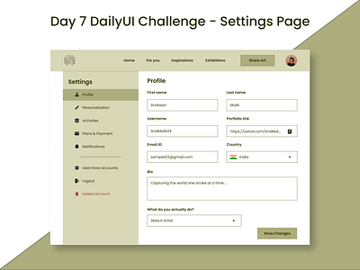 Day 7 DailyUI Challenge - Settings Page art gallery dailyui design settings ui web design