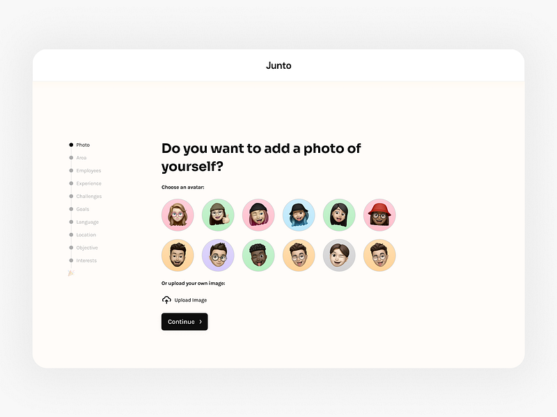 Onboarding Wizard, Profile pic upload berlin branding colors customisation interactive onboarding memoji minimal onboarding profile profile pic progress startup typography user setup