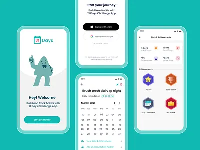 Design for 21 Days Challenge App | Gamified Habit Tracker App 21 days challenge app design app ui design gamification habit app habit tracker habit tracking app health app illustration material design mobile app ui