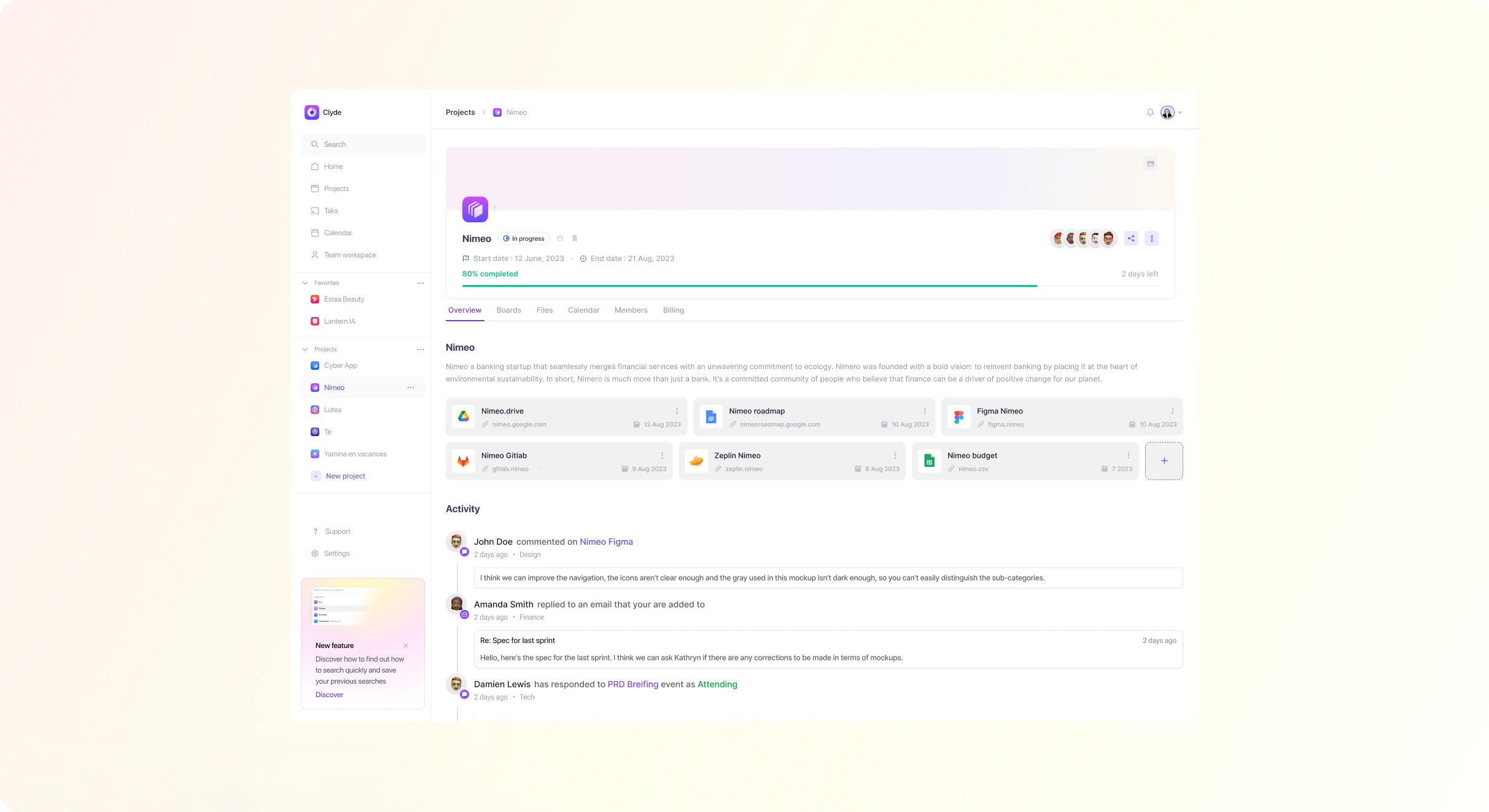 Clyde project overview asana crm notion order project project detail summary tasks team