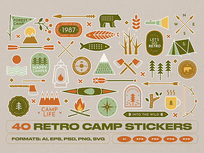 Retro Camp Stickers boat camp camping chill fire fish forest icons illustration nature outdoor outside pack retro river set stickers travel tree trip
