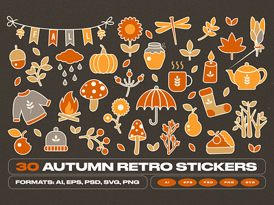 Autumn Retro Stickers autumn badge cake fall flower halloween holiday icons leaf leaves mushroom nature october pack pumpkin retro season set stickers thanksgiving
