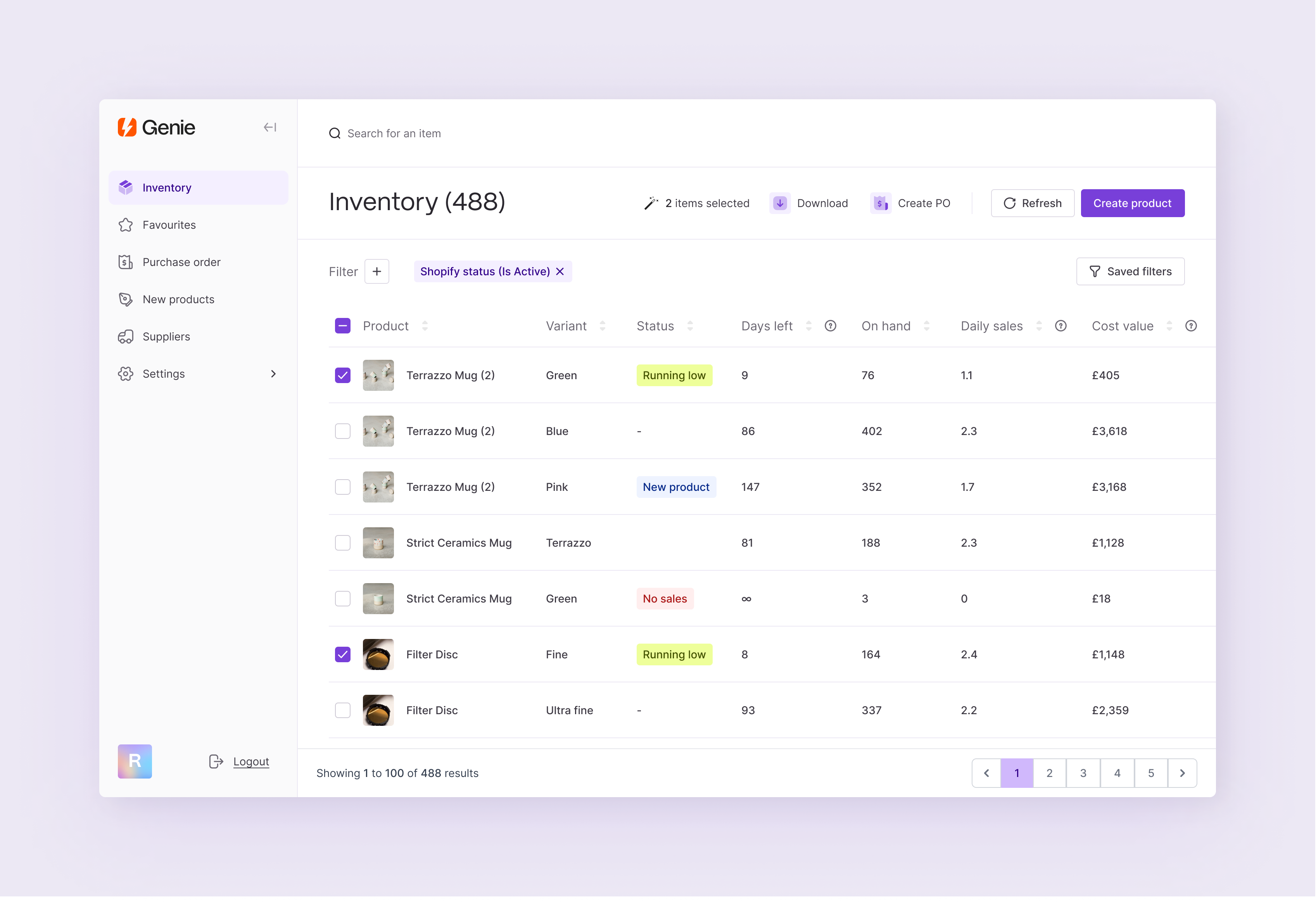 Genie Navigation concept // 02 ecommerce genie inventory management inventory table nav nav ux navigation status table