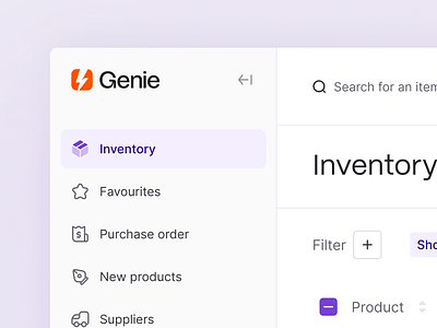 Genie Navigation concept // 02 ecommerce genie inventory management inventory table nav nav ux navigation status table