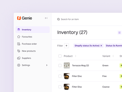 Genie Navigation concept // 03 ecommerce filter genie inventory inventory table nav nav ux navigation saved filters table