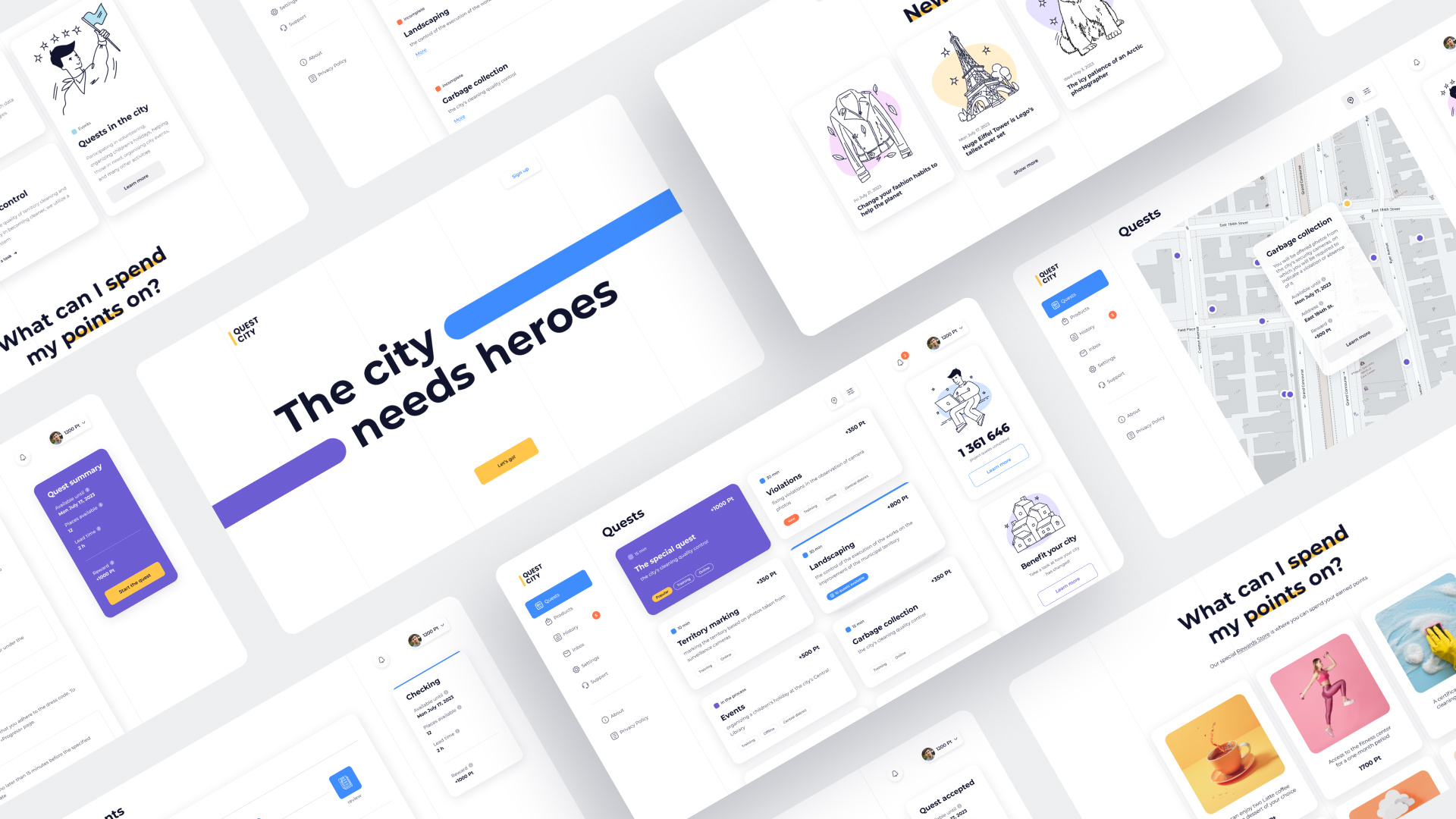 Quest City — Product Design — UX/UI ai blue business character dashboard flat graphic design illustration interface menu motion graphics navigation product design purple tabs ui uxui web design website white