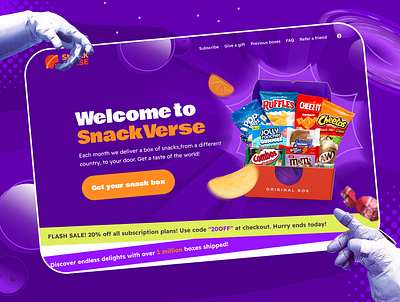 Website of SnackVerse service. astronaut figma food half tone landing pop art service snack space subscription ui ux verse web design website
