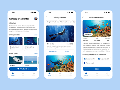 Watersports Center App app design scuba diving ui water sports center