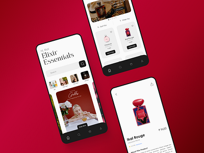 Elixir Essentials | E-com Perfume App application branding e commerce e commerce app e commerce application mobile mobile application perfume perfume app ui ui design uiux