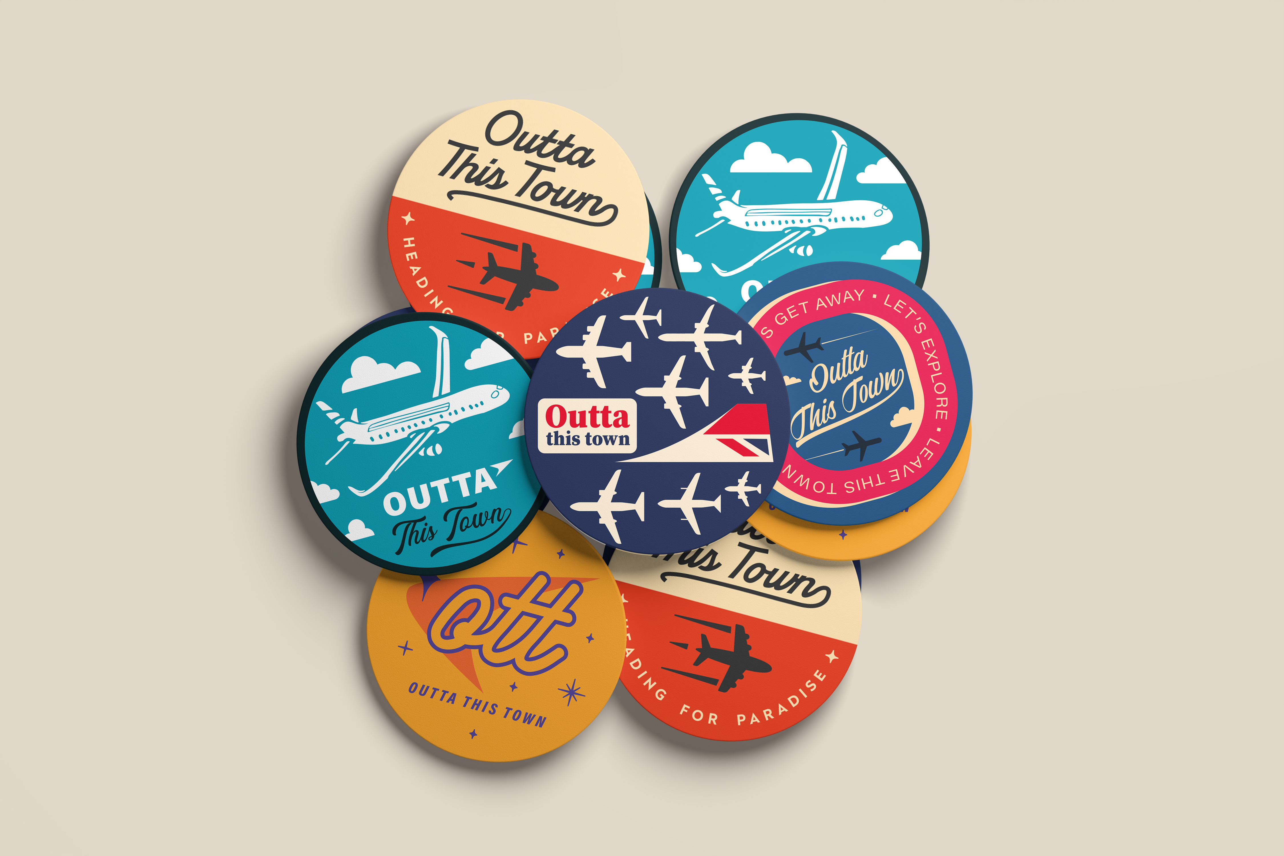 Outta This Town - Vintage Inspired Travel Coasters ✈️ adventure aeroplane airplane badge brand branding colours explore graphic design illustration logo logo design nostalgic travel travelling type typography vintage vintage badge